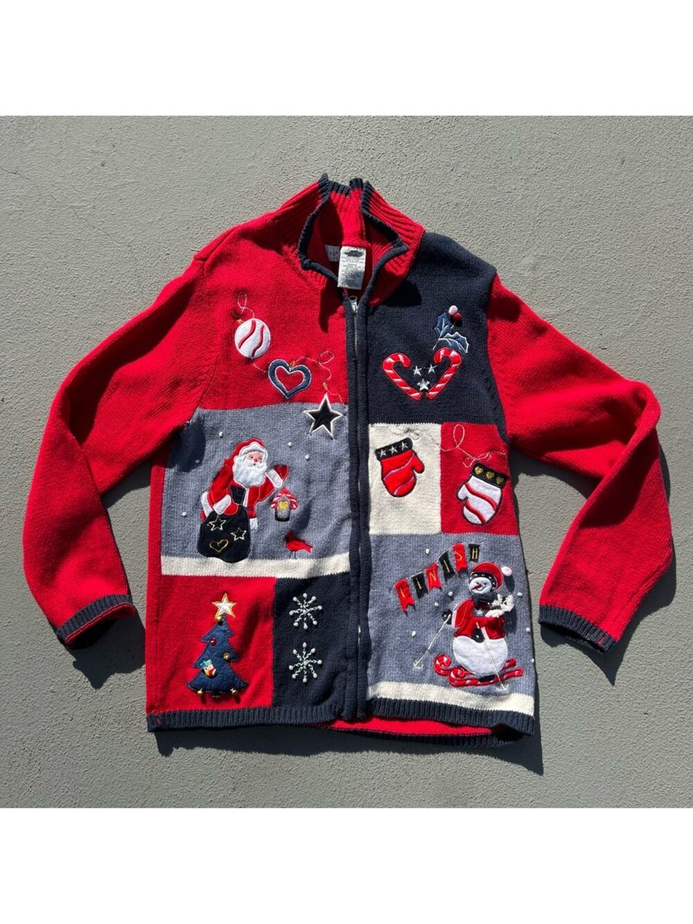 Vintage 90s Santa Americana Ugly Christmas Sweater Cardigan Zip Up LARGE